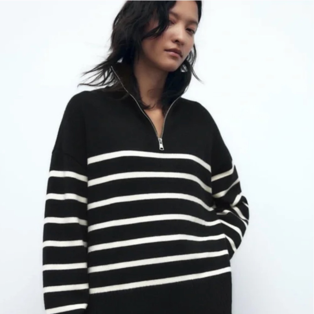 Zara Black and White Striped Quarter-Zip Sweater